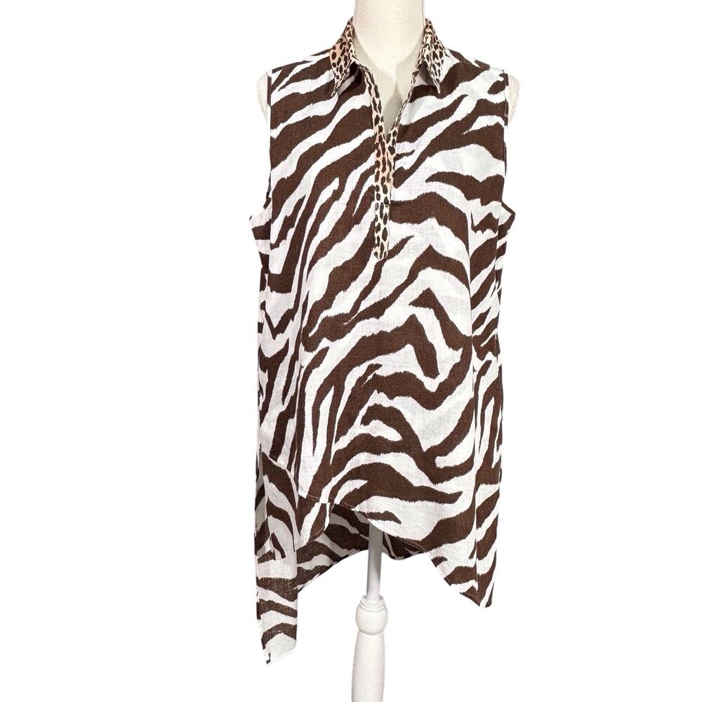 Chicos Size 2 No Iron Linen Zebra Print Tunic Large Brown Striped Safari Animal